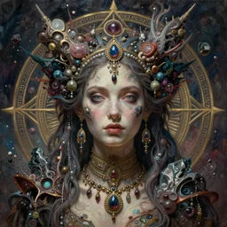 symmetry!! the portrait of the absurdly beautiful woman, octane render, symmetrical face, full body!! maximalist details, octane render, particles of minerals, fraltal scene, sacred geometry, trending in cgsociety, strange jewerly. horror, a beautiful painting by gerald brom, peter mohrbacher, sophie anderson