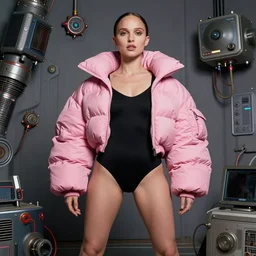 beautiful fantasy character portrait, natalie portman, wearing oversized puffy pink bomber jacket and black leotard, ultra realistic, wide angle, seductive pose, cyberpunk artifacts, highly detailed by peter mohrbacher, hajime sorayama, wayne barlowe, boris vallejo, aaron horkey, gaston bussiere, craig mullins