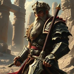 veteran warrior, man in ancient armour with sword in hand, powerful male character from warcraft, character portrait, dnd art, new hearthstone addon, trading card game art, perfectly shaded, extremely detailed, royal allure, volumetric lighting, 4 k, sharp focus, deserted landscape, ancient stone ruins, art by frank frazetta and greg ruthkowski