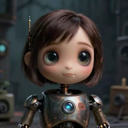 animatronic manaquin by margaret keane, big glass eyes, real hair, dimly lit, liminal space, haunting atmosphere, unrealengine octane render, 8 k
