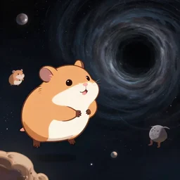 happy hamster floating in space towards a large swirling black hole, Alena Aenami, Petros Afshar, Noah Bradley, Anton Fadeev, Anato Finnstark, Steve Henderson, Filip Hodas, Mark Keathley, Thomas Kinkade, Phil Koch, Gilbert Williams, Mike Winkelmann, Beeple
