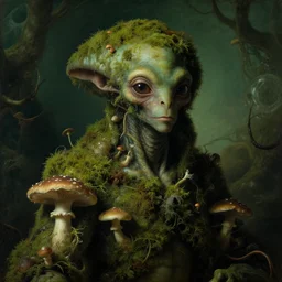 a close - up rococo portrait of an alien creature covered in moss, mushrooms, and swamp, 1 8 th century painting by jean - honore fragonard and moebius. gloomy green environment, blurry organic dark background. sci - fi renaissance masterpiece