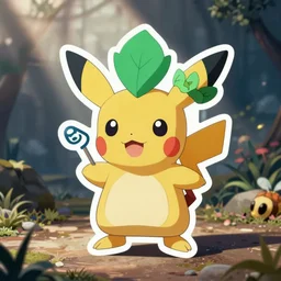 cute miss mascot feuillajou feuillajou pansage pokemon sticker art, cronobreaker, beeple game icon