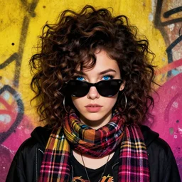 highly detailed portrait of a sewer ( ( emo punk ) ) lady student, sunglasses, blue eyes, tartan scarf, curly hair by atey ghailan, by greg rutkowski, by greg tocchini, by james gilleard, by joe fenton, by kaethe butcher, gradient yellow, black, brown and magenta color scheme, grunge aesthetic!!! graffiti tag wall background