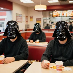 all people in a fast food restaurant wear a darth vader mask