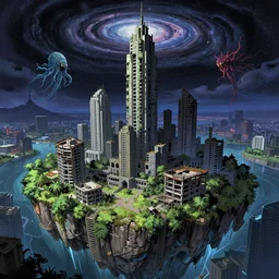 a beautiful very detailed anime illustration of abandoned monument city unfinished building nature by ron walotsky, universe architecture island synthwave darkacademia vice city nightsky evil atlantis, archdaily, wallpaper, highly detailed, trending on artstation.