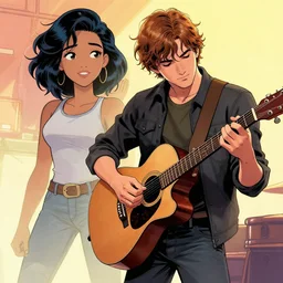 Marko from Saga comic playing guitar, Fiona Staples character art,
