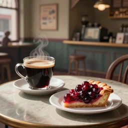 detailed artstation style, symbolic style, surrealist style, a black coffee and a cherry pie on a table in a twin peaks cafe