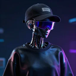 a black shiny synthwave android with a visor, a sweatshirt and a cool hat, digital art, cyberpunk, vivid, technological