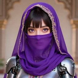 young cute hyderabadi woman with purple niqab as robot armor as anime girl, beautiful highly detailed illustration, stunning pretty face and eyes, pixiv gelbooru danbooru
