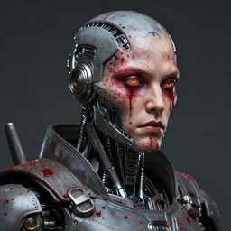 futurist half human half robot soldier, art by leyendecker, head and shoulders portrait, blood, cyberpunk, cybernetic implants, warrior face paint, very intricate, award winning, extreme details