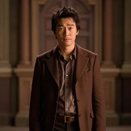 cinematic still of Steven Yeun from charlie and chocolate factory (2005), XF IQ4, f/1.4, ISO 200, 1/160s, 8K, RAW, dramatic lighting, symmetrical balance, in-frame