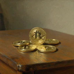 Dutch oil painting from the 1600s, bitcoins on a table