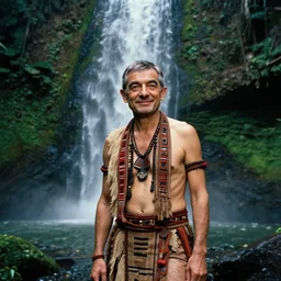 a portrait of mr bean wearing tribal clothes, standing in front of a waterfall, deep in the rainforest, professional light, photo by jimmy nelson, 8 k, photorealistic imagery, trending on artstation, artstationhq, artstationhd