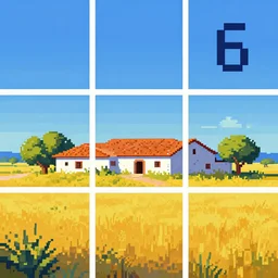 pixel art, 2 5 6 x 2 5 6 grid, mexican hacienda on a sunny day, surrounded by plains, color painting by charles sheeler