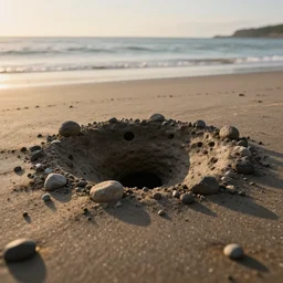 a beach with an asteroid impact hole, photograph, realistic, golden hour time, calm sea, low depth field, ultra detailed
