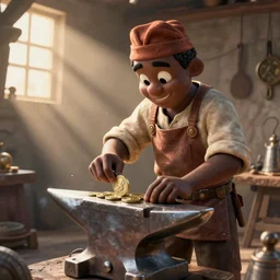 cartoon blacksmith is minting coin on his anvil