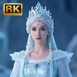 professional  photograph of a beautiful ice queen with intricate crown and cloak.  Extremely detailed. 8k