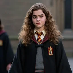 Malala Yousafzai as Hermione Granger, wearing Hogwarts uniform, film still from Harry Potter and the Deathly Hallows