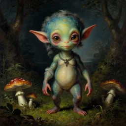 a close - up rococo portrait of an colorful alien elf - like creature with whimsical features standing in moss, mushrooms, and swamp. night time. rich colors, high contast. gloomy, highly detailed 1 8 th century sci - fi fantasy masterpiece painting by jean - honore fragonard, moebius, and johfra bosschart. artstation