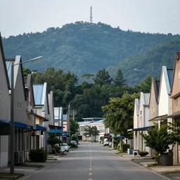 looking down street, warehouses lining the street. hills background with trees and radio tower on top. telephoto lens compression.