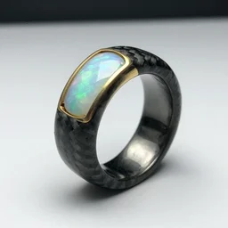 carbon fiber ring with opal insert and gold accents, photoreal, 4 k, forged