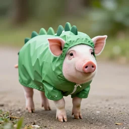 photograph of a cute pig walking upright wearing a green dinosaur raincoat