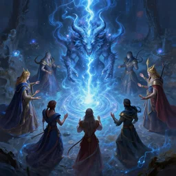 mages in circle summoning an evil beast. lighting, bloom, blue flux. fantasy, digital painting, hd, highly detailed.