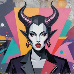A satanic witch with horns in head by Sachin Teng x Supreme:5  attractive, stylish, designer , asymmetrical, Matte Painting , geometric shapes, hard edges, graffiti, street art:2 Masterpiece, impressive detail, colorful, by Sachin Teng:4