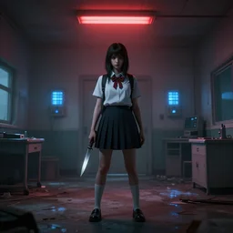 school girl holding a knife and standing on an abandoned hospital room with red ceiling lighting and several blue lights on the walls, gloomy and foggy atmosphere, octane render, artstation trending, horror scene, highly detailded