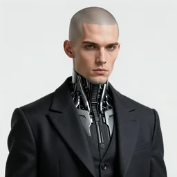 portrait of an absurdly handsome, clean shaven, sophisticated, fashionable male cyberpunk mechanoid, hyperdetailed illustratio, matt wisniewski style, intricate linework, male fashion photography, porcelain skin, jellyfish headband, unreal engine 5 highly rendered, radiant light, detailed and intricate environment
