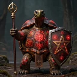 a humanoid, anthropomorphic tortoise with glowing red arcane runes painted on his shell, dressed like a cleric, holding a pentagram shield, award - winning 4 k photograph