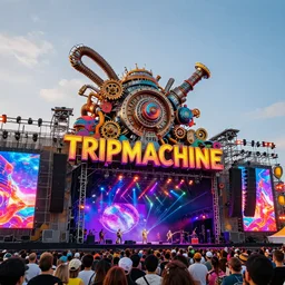 an outdoor festival stage with audience, big 3 d letters tripmachine, center of the stage is a big futuristic steampunk machine with gears and belts and tubes, surrounded by big screens and loudspeakers, rock musicians on the stage, laser show, 8 k, fluorescent colors, halluzinogenic, multicolored, exaggerated detailed, unreal engine