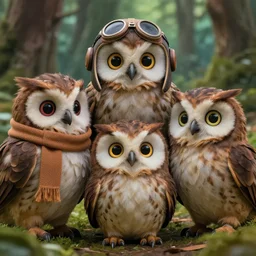3 d octane render of a family of anthropomorphic owlets. the owls have really detailed, fluffy feathers. the owls are wearing a pilot hat, a scarf, funny facial expression, glowing eyes, in a forrest by beatrix potter and studio ghibli, sharp focus, depth of field, fine features, wes anderson colours