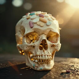 a 3 5 mm photo from the back of a skull made of pills, splash art, movie still, bokeh, canon 5 0 mm, cinematic lighting, dramatic, film, photography, golden hour, depth of field, award - winning, anamorphic lens flare, 8 k, hyper detailed, 3 5 mm film grain