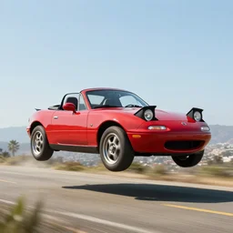 mazda miata flying over the landscape of los angeles