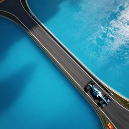 F1 racetrack over pools of bright blue water, birds eye view