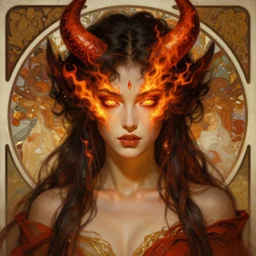 an portrait of a beautiful alluring female demon goddess with fire in her glowing eyes, detailed, centered, digital painting, artstation, concept art, donato giancola, Dante Gabriel Rossetti, alphonse mucha, Joseph Christian Leyendecker, WLOP, Boris Vallejo, Breathtaking, 8k resolution, extremely detailed, beautiful, establishing shot, artistic, hyperrealistic, beautiful face, octane render