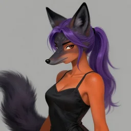 a woman with black fox ears, and a fox nose, she has purple hair tied up in to a ponytail, she has orange tanned skin, and is wearing a black dress. shaded artwork, furry art, fur - affinity, deviant art, realistic style painting
