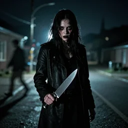 aggressive psychopath with a knife looking at camera, horror lighting, at night, cctv footage, out of focus, motion blur