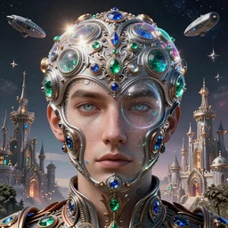 close face portrait of a face man, half soap bubble mind, half symetrical highly detailed ornate with jewels and precious metals futuristic, sandman kingdom, outside view from half castle kingdom of dreams, space ships, hiperrealistc, global illumination, radiant light, cosmic detailed and intricate environment, silver, bronze, rubi, emerald, sapphire, aquamarine, art by andreas achenbach