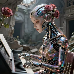 robot playing piano in ruins, female face, cyberpunk cyborg. roses, sci - fi, intricate abstract upper body intricate artwork, by tooth wu, wlop, beeple, dan mumford. concept art, octane render, deviantart, greg rutkowski, cinematic arthouse, key art, hyper realism, iridescent accents