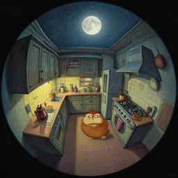 spiral lines, naive nerikomi, weird perspective, extra narrow, detailed illustration of a kitchen dimly lit by rhads from lorax movie, trending artstation, true color, fisheye, moonlight