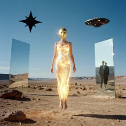 levitating glowing woman with full - face golden mask in a dry rocky desert landscape, visible sky and sunny atmosphere, fata morgana giant mirrors, black star and alien space - ship in the sky by alejandro jodorowsky. christopher doyle and giger, anamorphic lens flares, kodakchrome, cinematic composition, practical effects, 8 k,