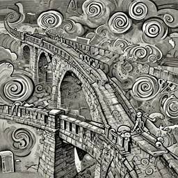 an old stone bridge that climb into the sky, swirly clouds in the background, art by James Jean and Wayne Barlowe, high details , black and white ink, cinematic, cgsociety 8k