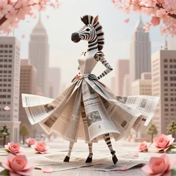 < https : / / s. mj. run / esqvp 1 uvtww > downtown city made out of newspaper, beautiful anthropomorphic zebra woman wearing a flowing paper dress and posing, paper origami, many sakura origami roses, city background, heavenly light, 3 d, very detailed, octane render, trending artstation, artgem