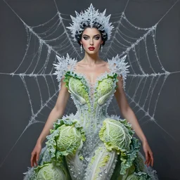 an insanely intricate oilpainting portrait of a beautifull godess in spiderweb with ice crystals, dress made of cabbages, glamour shot, by karol bak, stefan gesell, photorealistic, nikon d 4 x, fashion photography, hyper maximalist, elegant, ornate, luxury, elite, environmental portrait, symmetrical features, octane render, unreal engine, solid dark grey background, dramatic