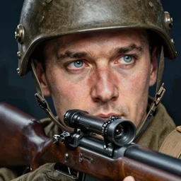 portrait of a ww 2 german sniper, extreme fine detail background, night, highly detailed, detailed eyes, high quality, digital painting, hyperrealistic, by gaston bussiere, j. c. leyendecker, craig mullins