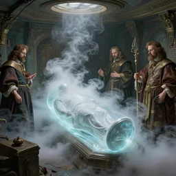 byzantine science fiction burial chamber filled with cryogenic sarcophogi spilling white smoke, by greg rutkowski, zdzisław beksinski, anato finnstark, and rembrandt