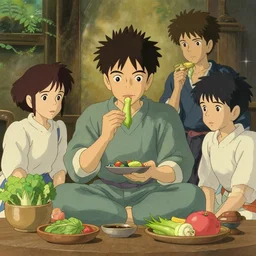 buddhism, eating vegetable, in the style of studio ghibli, j. c. leyendecker, greg rutkowski, artem